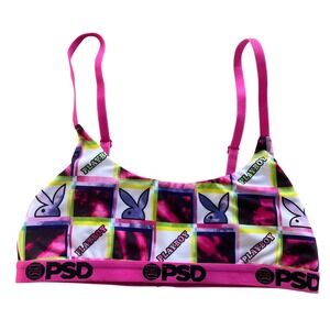 PSD Playboy Womens XS Pink Green Plaid Bunny Logo Scoop Neck Spaghetti Strap Bra
